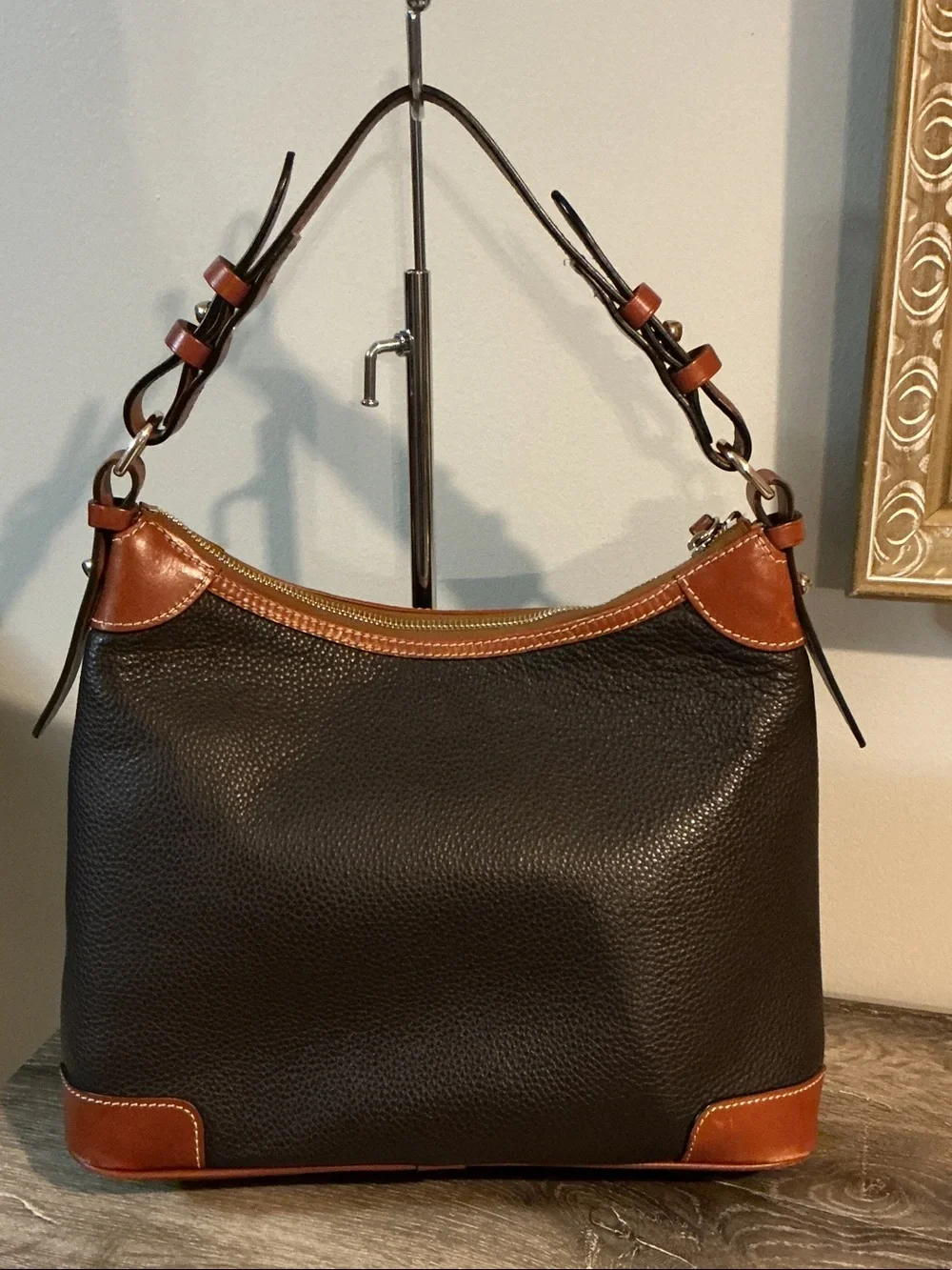 Dooney & Bourke Pebble Grain Leather Hobo Shoulder Bag Brown with Tan Trim EUC